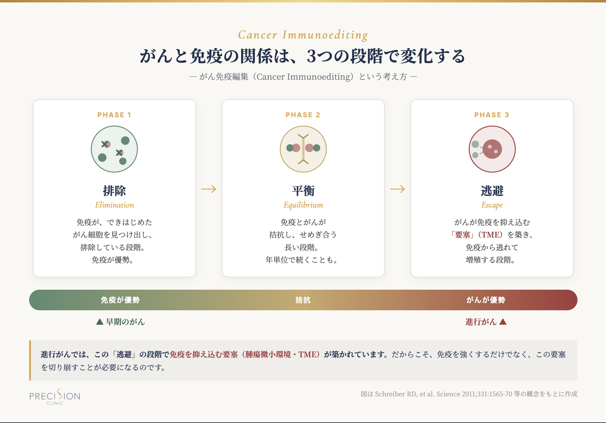 がん免疫編集の3相（排除・平衡・逃避）の概念図。進行がんでは逃避の段階で免疫を抑え込む要塞（腫瘍微小環境・TME）が築かれる。