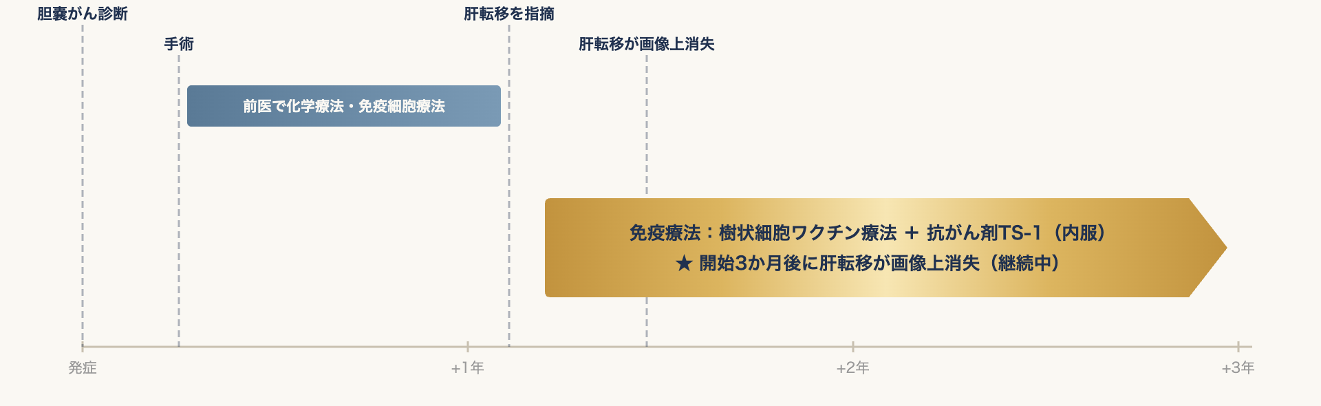 胆嚢がんステージⅢAの治療経過タイムライン。健診で胆嚢がんと診断され同年12月に手術、術後は前医で化学療法と免疫細胞療法。翌年10月に肝転移を指摘され、11月から内服の抗がん剤TS-1と樹状細胞ワクチン療法を開始、3か月後のCTで肝転移が画像上消失