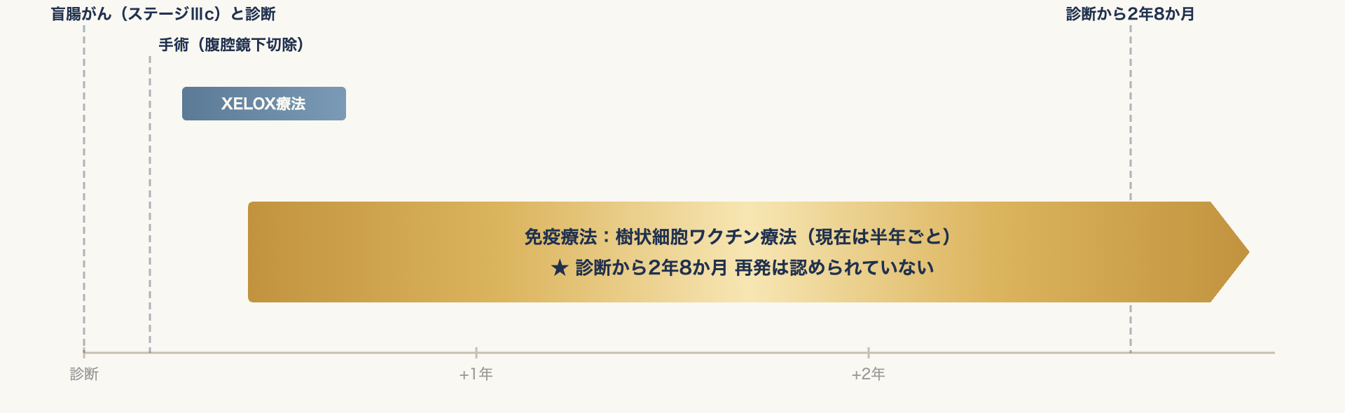 盲腸がん（ステージⅢc）の診断と手術のあと、術後補助化学療法（XELOX療法）と並行して樹状細胞ワクチン療法を始め、診断から2年8か月の時点で再発が認められていない経過